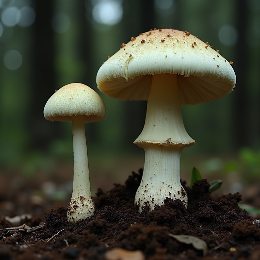 Amanita phalloides con volva visible en base del pie, sombrero verde oliva