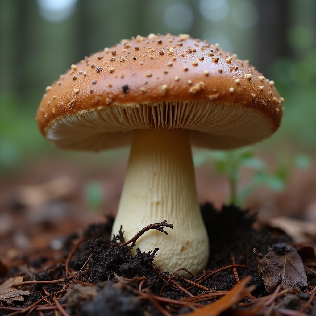 Boletus edulis maduro en bosque de coníferas en la sierra española