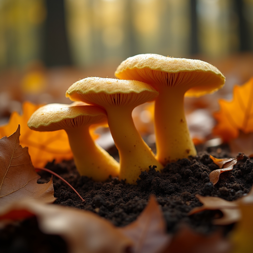 Rebozuelo amarillo dorado entre hojas de roble en bosque caducifolio