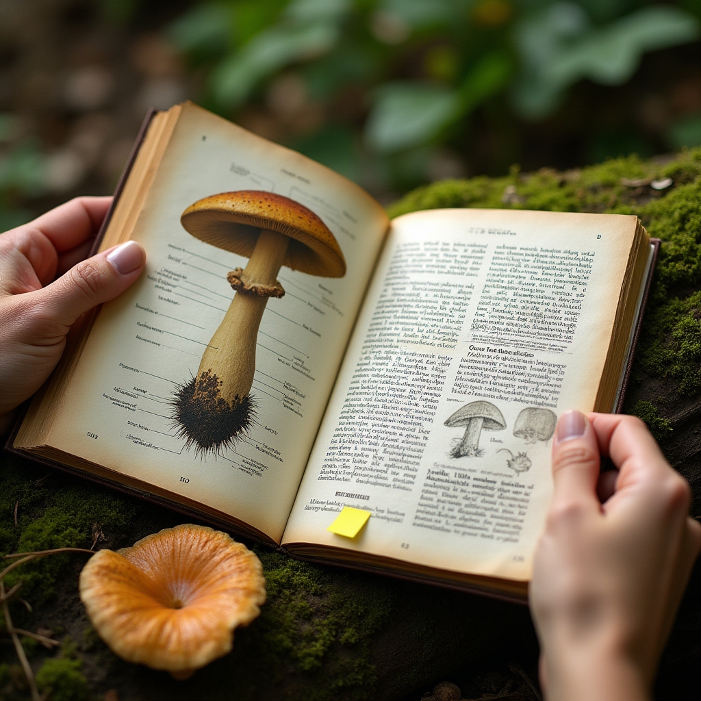 Guía de campo de setas ibéricas abierta junto a una muestra en el bosque