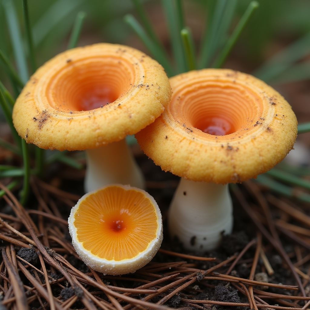 Lactarius deliciosus con sombrero naranja y leche color zanahoria en pinar