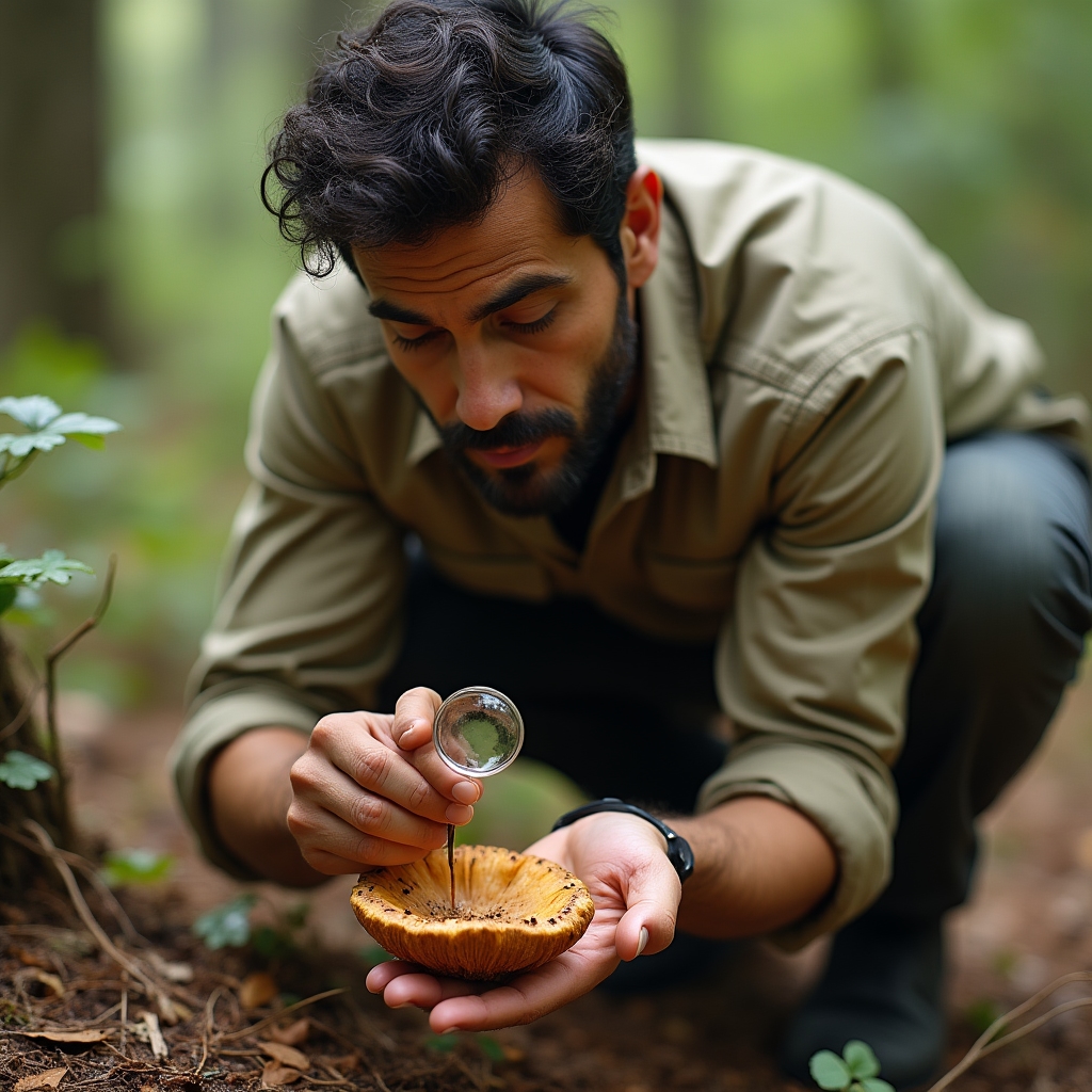 Estudiante examinando con lupa las láminas de una seta en el bosque